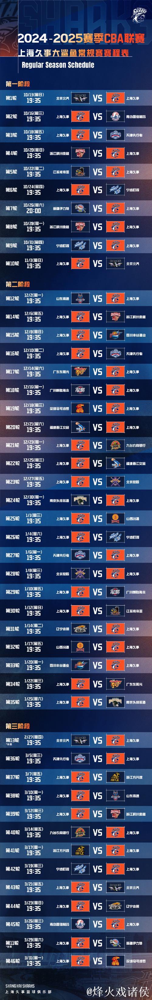 上海男篮公布常规赛日程：首战潜力赛今晚打响